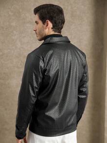 Core Aspect Men's Urban Minimalist Casual Black Leather Long Sleeve Jacket With Woven Texture Zipper, Autumn And Winter Black Jacket, Motorcycle Jacket, Windproof And Warm For Daily Use When Going Out - Black - View 3