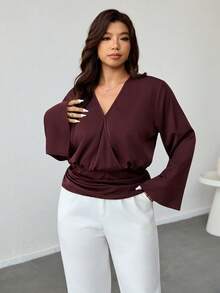 Firerie Áo sơ mi tay chuông màu trơn thanh lịch cỡ lớn dành cho người đi làm - Màu Đỏ Sâu - Xem 3