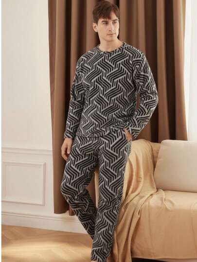 Conjunto pijama para hombre pantalón y playera manga larga diseño figuras negra