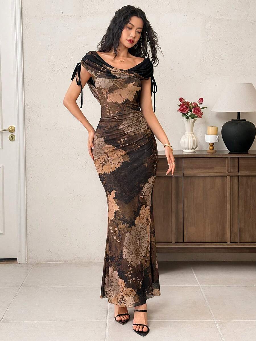 EastFlair Women's Floral Print Ruched Fitted Mermaid Hem Elegant Dress EastFlair Women's Floral Print Ruched Fitted Mermaid Hem Elegant Dress