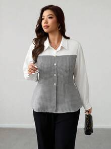 Firerie Plus Size Elegant Commuter Color Block Patchwork Shirt - Multicolor - View 7
