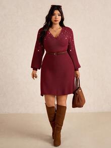 Elaquor Vestido Longo Elegante e Urbano de Estilo Minimalista com Decoração de Pérolas em Cruzado, Versátil para Outono/Inverno, Plus Size