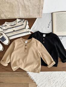 SHEIN LMoss Kids LMoss 3pcs/Set Young Boy Solid Color Striped Crew Neck Casual T-Shirts,Set,Long Sleeve For Autumn Boys,Tops,Basic Fitted Cozy Fall&Winter Styles - Multicolor - View 3
