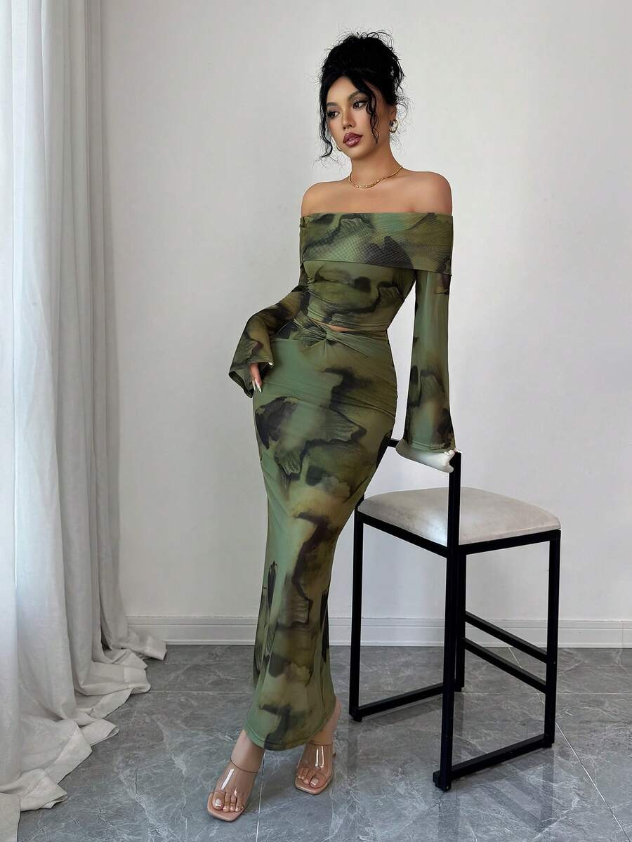 Rafferiza 1 pièce Ensemble jupe mi-longue avec taille torsadée et manches longues épaules dénudées, tenue sexy et élégante imprimée ajustée en deux pièces pour femmes - Vert - Voir 1