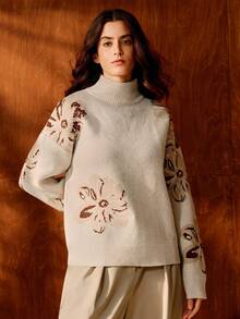 Anewsta Elegant Floral Embellished Pullover Sweater, Romantic & Chic For Commuting - Apricot - View 3