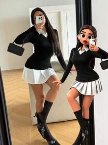 INAWLY Women's Collegiate Intellectual Commuter Sexy Shirt Splicing Contrast Color Mini Dress - Black - View 1