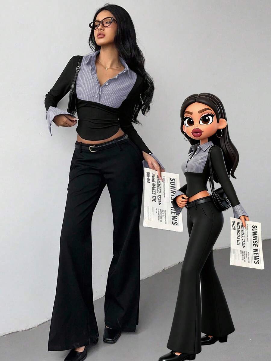 Rina Fox 女式撞色前扣不对称下摆长袖衬衫