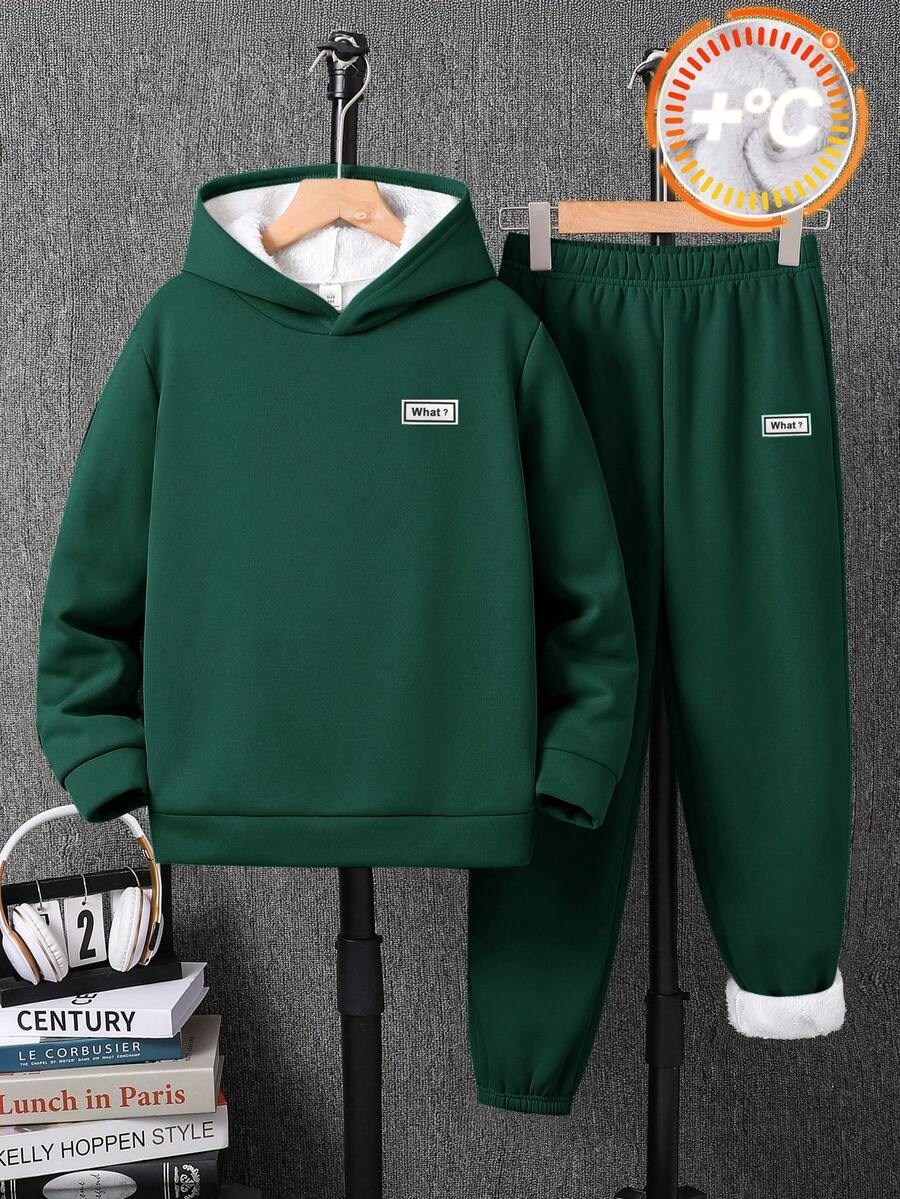SHEIN 2 件/套超值买 1 送 1 青少年男孩厚羊毛宽松连帽衫和运动裤套装，适合万圣节、圣诞节、休闲装、学校、通勤、运动、秋冬 - 墨綠色 - 查看 1