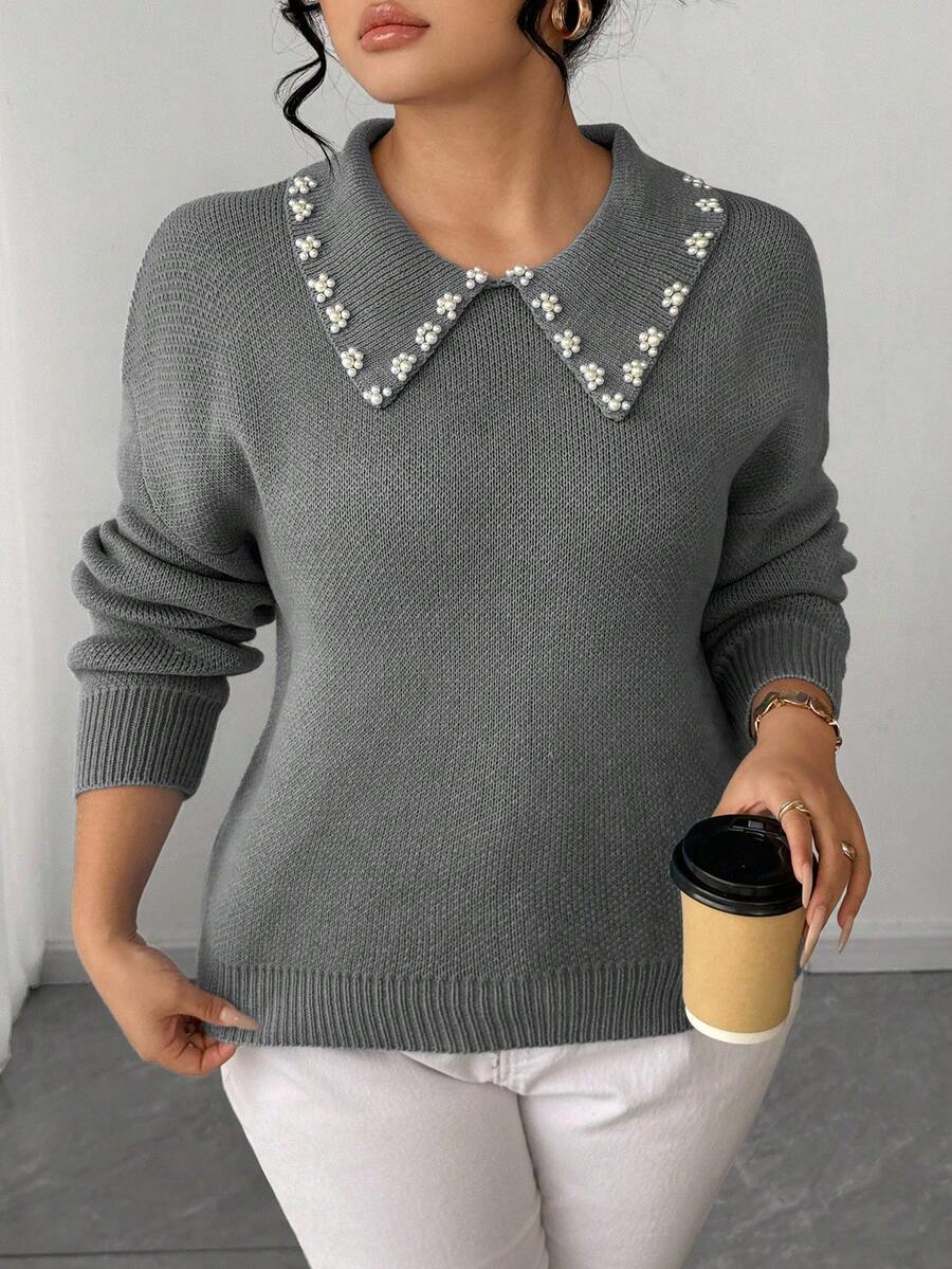 SHEIN Elenzya 女士珍珠领纯色简约套头毛衣 - 淺灰色 - 查看 1