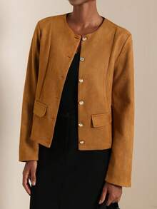 Lyxana Women's Minimalist Solid Color Single-Breasted Round Neck Long Sleeve Jacket, Suitable For Autumn/Winter - Brown - View 6