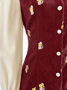 Vintamour Vintage Classic Elegant Women's Dress, Autumn/Winter Fitted Ladies' Corduroy Embroidered Dress, Long Sleeve Short Dress, Apricot Coffee Dress, Patchwork Dress, Square Collar Dress Burgundy - Burgundy - View 8