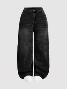 SHEIN PETITE CURVE Jeans rectos y holgados de talla grande para mujer en color azul - Negro - Ver 4