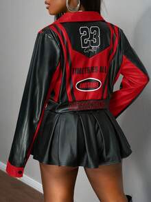 Slaydiva Áo khoác nữ tay dài, ngắn, vải PU, họa tiết in chữ, ve áo mở khóa kéo, thích hợp cho mùa tốt nghiệp, bữa sáng muộn, du lịch hàng ngày, du lịch, tụ tập bạn bè, trở lại trường, nhạc Rock, đường phố, nhạc Punk, hòa nhạc-B - Đỏ - Xem 2