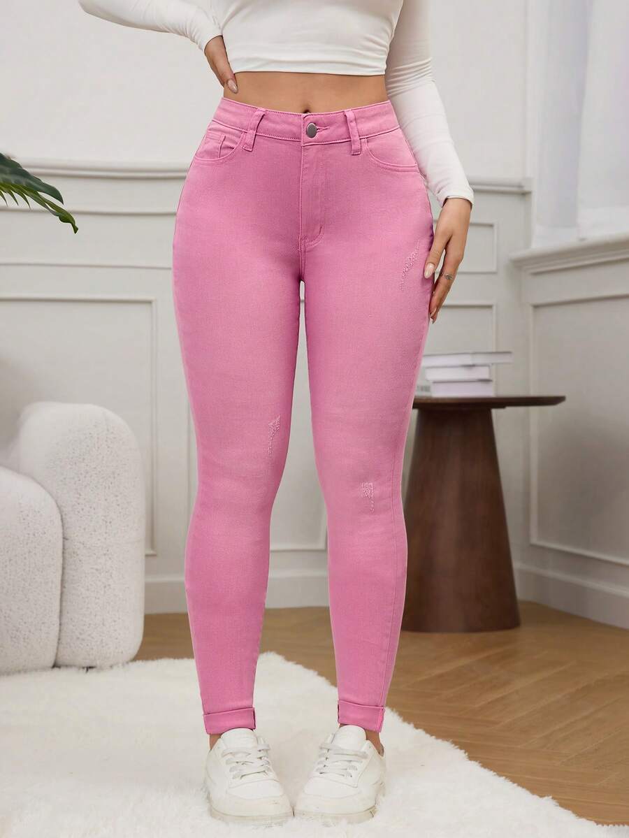 SHEIN EZwear 女士春季休闲高腰破洞紧身牛仔裤 - 粉色 - 查看 1