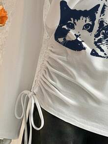 SHEIN Camiseta de manga larga con estampado de gato, estilo minimalista de moda, regalo para amigos - Blanco - Ver 4