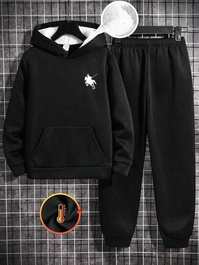 SHEIN 两件套男童休闲日常舒适保暖连帽卫衣和宽松运动裤套装，适合学校、花园、海滩、生日、春、夏、秋、冬等各种场合。连帽卫衣和运动裤套装，男童运动服套装，男童连帽卫衣和运动裤两件套，青少年连帽卫衣套装