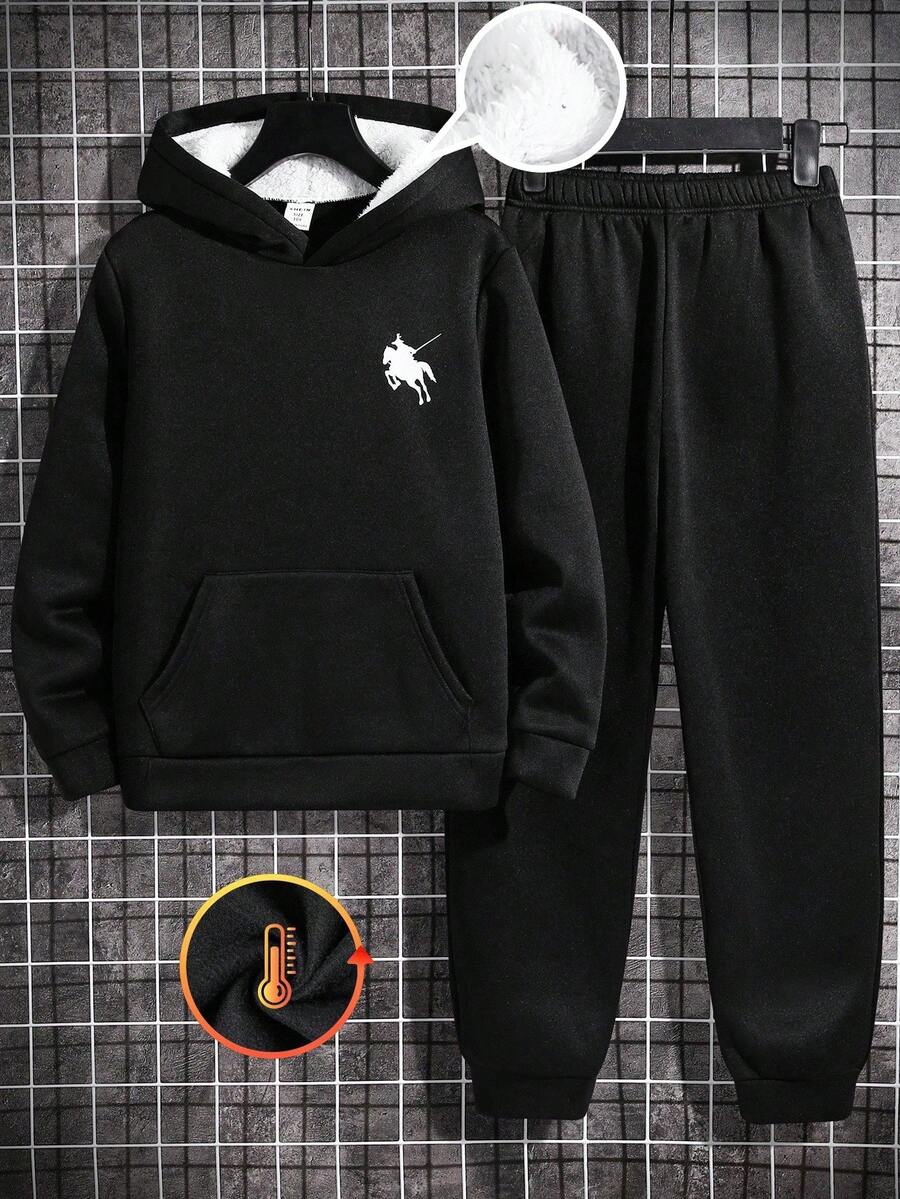 SHEIN 两件套男童休闲日常舒适保暖连帽卫衣和宽松运动裤套装,适合学校、花园、海滩、生日、春、夏、秋、冬等各种场合。连帽卫衣和运动裤套装,男童运动服套装,男童连帽卫衣和运动裤两件套,青少年连帽卫衣套装 - 黑色 - 查看 1
