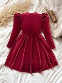 Young Girls Round Neck Raglan Sleeve Elegant Beaded Ruffle Hem Long Sleeve Dress - Red - View 2