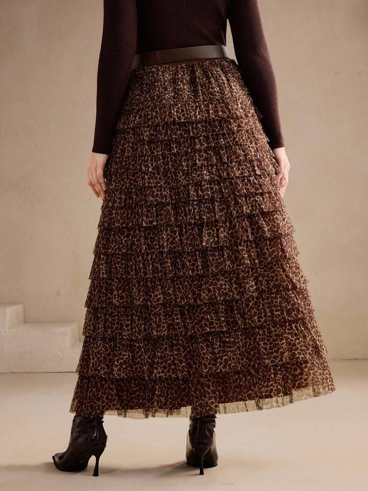 Falda de malla con estampado de leopardo en capas con cinturón, de corte evasé, de estilo elegante, para otoño/invierno, talla grande