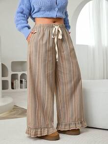SHEIN EZwear 大码女式抽绳腰条纹阔腿宽松休闲裤 - 彩色 - 查看 3