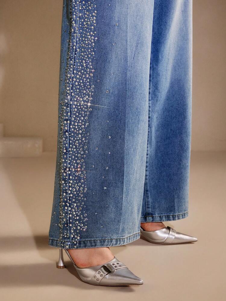 Women's Rhinestone Embellished Blue Straight Leg Pants, Suitable For Christmas, Halloween, Dates, Autumn/Winter