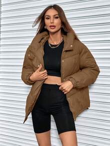 EMERY ROSE Women's Solid Color Zip Front Hooded Long Sleeve Casual Padded Padded Coat, Winter Clothes - Brown - View 6