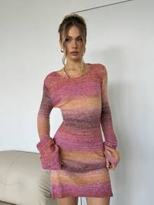 SHEIN BAE Robe pull ajustée femme décontractée, de rue, sexy, avec dégradé et rayures torsadées dans le dos, automne/hiver - Multicolore - Voir 4