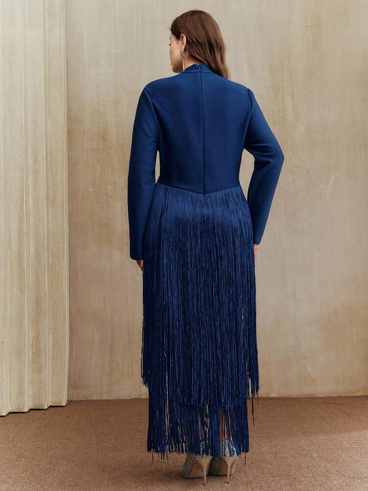 Navy Blue Bandage Plus Size Long Sleeve Tassel Patchwork Elegant Evening Dress, Women's Wedding Guest Slim Fit Dress, Autumn/Winter