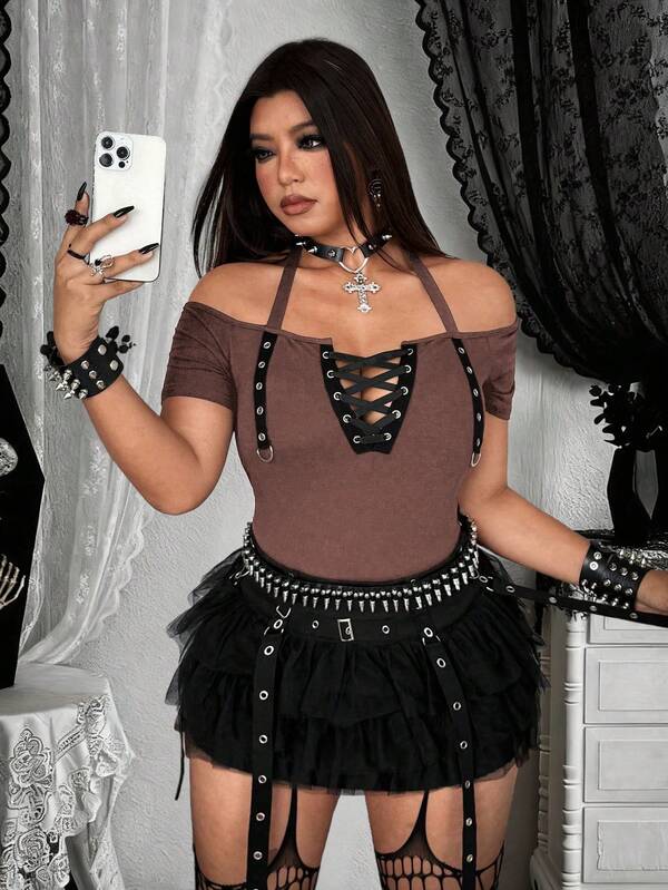 Whyspr 大码女式时尚朋克风格系带挂脖T恤