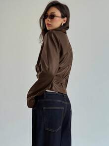 Aloruh Women's Fashion PU Leather Belt Suit Jacket Autumn/Winter Leather Blazer Office Suit Commuter Set, Slim Fit, Simple Workplace Attire - Brown - View 3