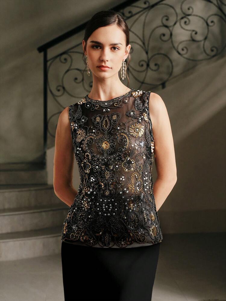 Top sin mangas con cuentas de alta gama y elegante para mujer, adecuada para otoño, invierno, verano, Año Nuevo, fiesta, boda, elegante, chic, con estilo, Navidad, brillante