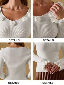 Briarwyn Women's 3D Floral Decor White Sweater,Elegant Long Sleeve Crew Neck Ribbed Knit Top,Autumn Clothes For Dates,Christmas New Year Old Money Style - White - View 8