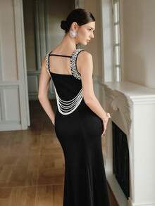 Anewsta 优雅黑色无袖鱼尾长裙，饰有串珠，适合派对、新年、圣诞节、婚礼等场合。 - 黑色 - 查看 1