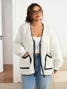 SHEIN Frenchy Plus Size Casual Contrast Trim Tie Front Cardigan Sweater/Winter - Black and White - View 4