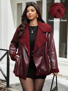 Vionelle Plus Size Jacket PU Burgundy Pocket Zipper Faux Fur Lining Outerwear, New Autumn/Winter - Burgundy - View 7