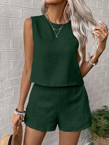 EMERY ROSE Women's Solid Color Crew Neck Sleeveless Casual Textured Fabric Loose 2 Pieces Set - Dark Green - View 6