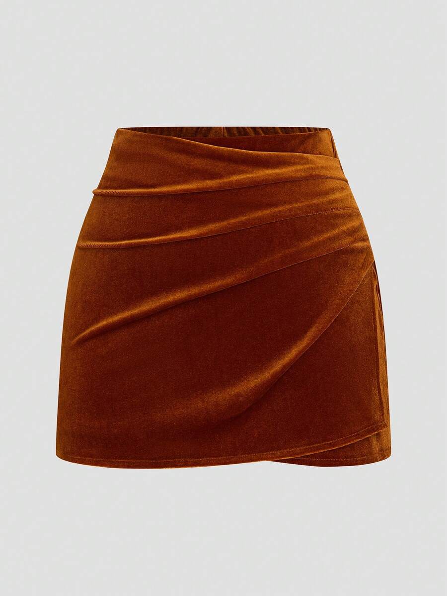 Sweetra Rok A-Line Minimalis Serbaguna untuk Sehari-hari, Potongan Ramping, Warna Cokelat Ukuran Plus dengan Pinggang yang Dikencangkan - Coklat - View 1