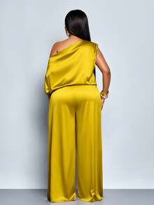 SOLERSUN Plus Size Women's Elegant Solid Color Asymmetric Neck Satin Jumpsuits,Suitable For Christmas Party Vacation & Dating,Fall And Winter,Sleeveless Asymmetrical Shoulder Loose Wide Leg Waist Cinched Long Jumpsuit With Ginger Colored Polyester Fabric, Shoulder Pleats Asymmetrical Cuffs, Lazy And Fashionable Party Clothing,Wedding Guest Jumpsuit,Halloween,