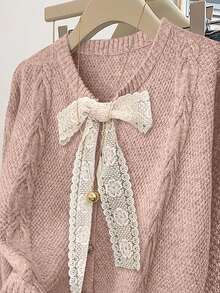 SHEIN Clasi كارديجان كنزة صوفية نسائية كاجوال بياقة طاقم وأربطة أمامية - وردي مغبر - مشاهدة 6