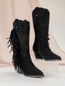 SHUZIA Glamorous Ladies' Black Faux Suede Fringe Slip-On Western Cowboy Design Comfort Rodeo Holiday Fall Winter Boot Shoe - Black - View 6