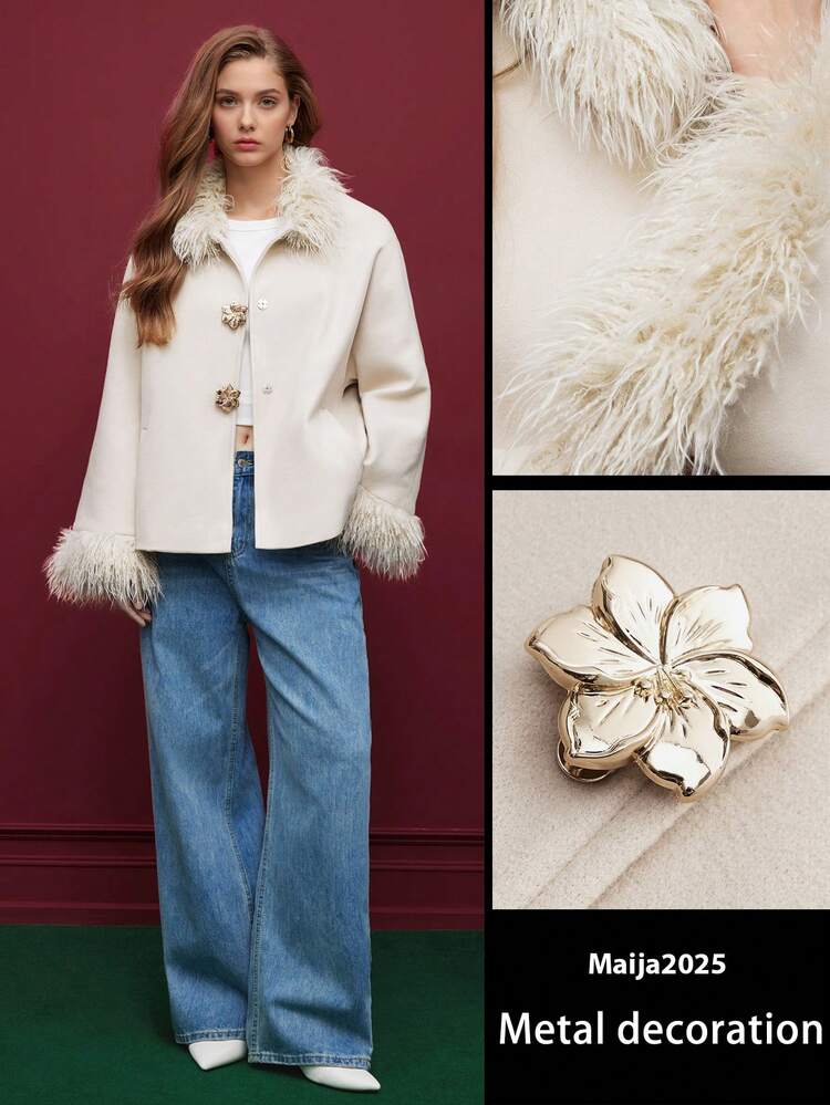 SHEIN Maija Christmas Party Season Fuzzy Patchwork Women Overcoat, Suitable For Autumn/Winter, Women's Floral Metal Buckle Overcoat, Christmas, New Year Women, Party, Elegant
