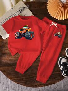 Młodzieżowy chłopięcy swobodny krótki rękaw okrągły dekolt T-shirt i spodnie zestaw, minimalistyczny styl odpowiedni na lato