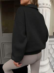 SHEIN LUNE 女式纯色金属装饰休闲长袖套头衫 - 黑色 - 查看 2