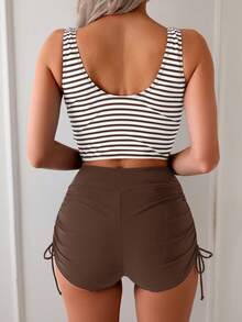 Swim Lushoire Tankini de dos piezas estampado a rayas de gran para vacaciones en la playa, Bottom de traje de baño atada a los lados, Top de chaleco sin espalda para playa, vacaciones, fiesta