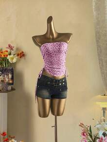 Attitoon Women's Casual Retro Y2K Harajuku Pink Leopard Print Pattern Drawstring Tie Front Cropped Camisole Top - Multicolor - View 4