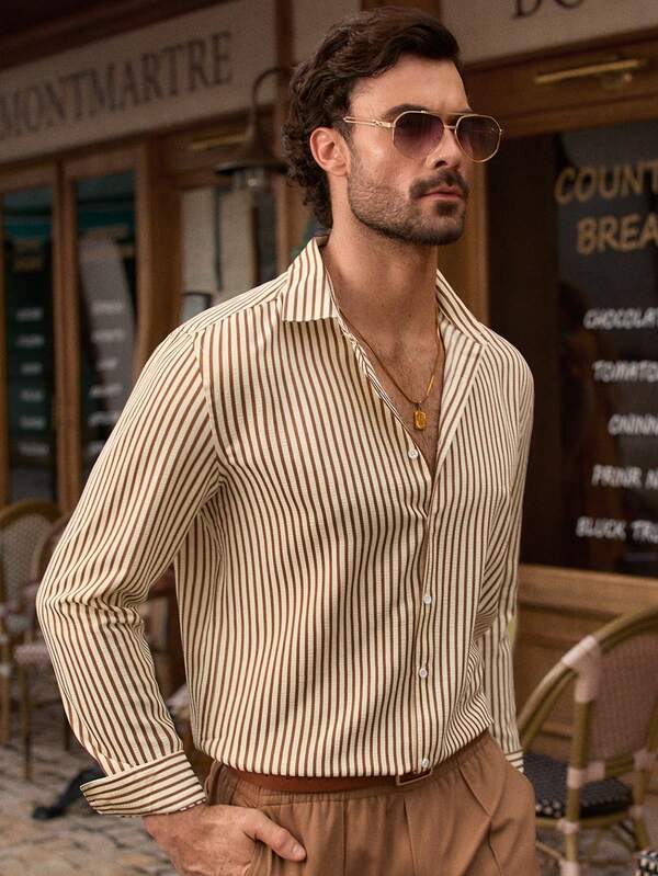 HIMLAND Camisa Casual Listrada para Homens, Outono