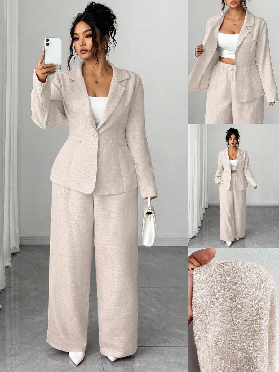 Elenzga Plus Size Elegant Solid Color Long Sleeve Jacket & Pants Suit Set - Apricot - View 1
