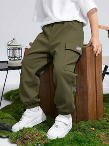 SHEIN Pantaloni cargo casual sportivi con stampa grafica, tasche e vestibilità morbida con laccio, adatti per pendolarismo, scuola, uso quotidiano, vacanze, sport, primavera/estate/autunno/inverno, per ragazzi pre-adolescenti