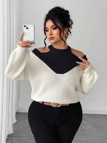 SHEIN Elenzya Áo len chui đầu hở vai màu tương phản cỡ lớn cho nữ - màu đen - Xem 4