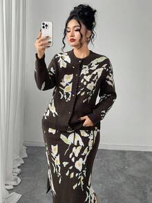 Modelyn Plus Size Women Floral Print Long Sleeve Knitted Cardigan And Knitted Midi Skirt Elegant Set, Autumn/Winter - Coffee Brown - View 6